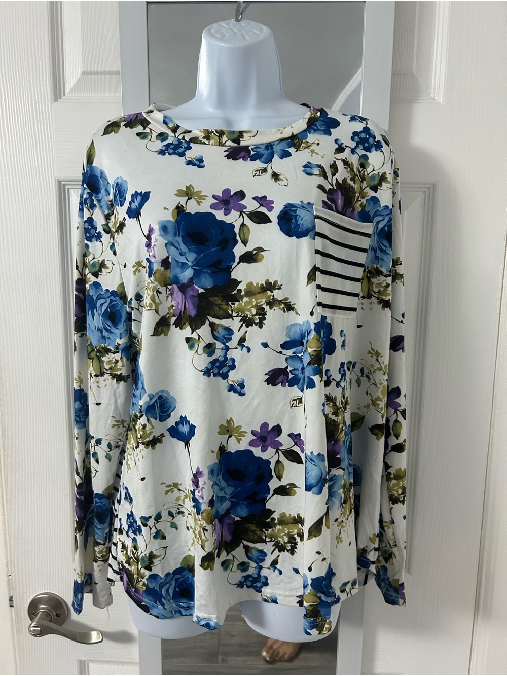 Sea Cream Floral Long Sleeve Top with Blue & Purple Blooms